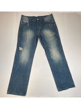 Diesel Demon & Hunter Men 36x32 Blue Distressed Ripped Straight Leg Denim Jeans